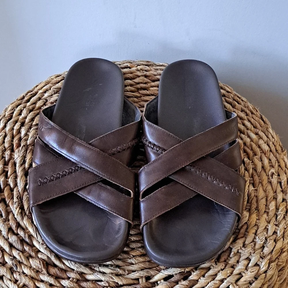 Naot Mens Anegada Pecan Brown Leather Woven Strap Casual Slide Sandals EU44/US11